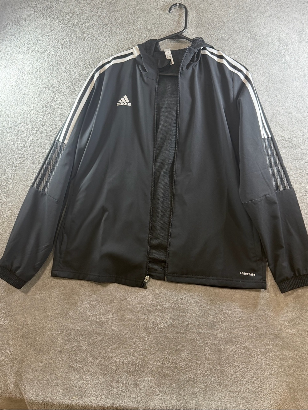 Adidas Aeroready Men’s Medium Black Full Zip Hooded Track Jacket 3 Stripe